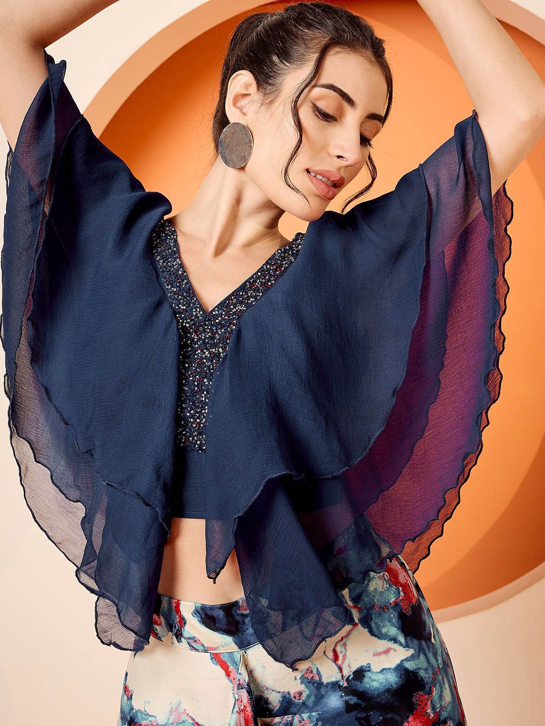 Antheaa Navy Blue Embellished V-Neck Top & Skirt