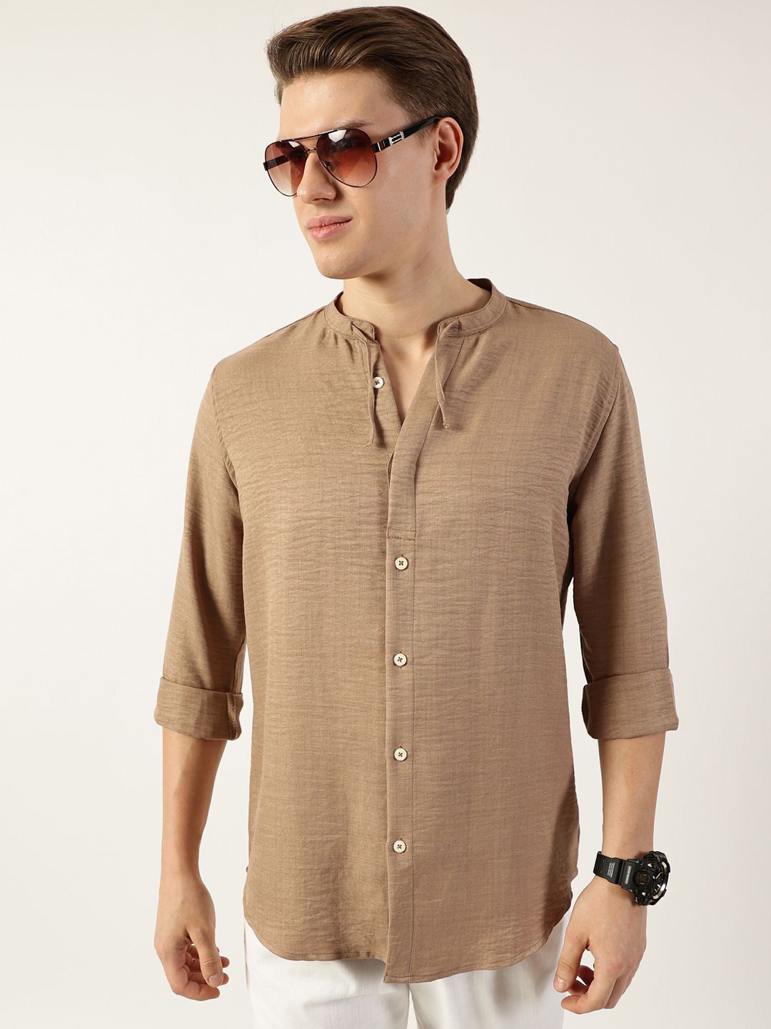Thomas Scott Men Classic Mandarin Collar Solid Slim Fit Casual Shirt