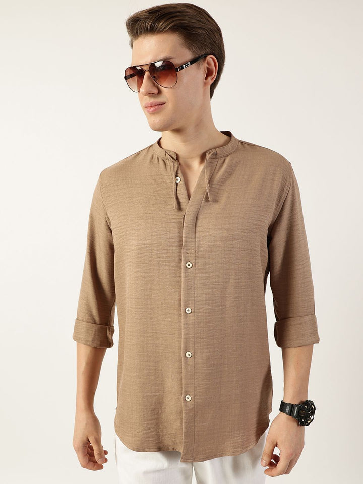 Thomas Scott Men Classic Mandarin Collar Solid Slim Fit Casual Shirt