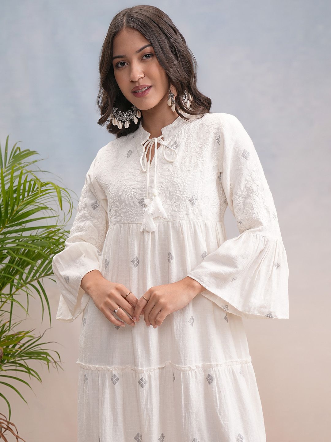Vishudh Women Cotton Tie-up Neck Bell Sleeve Fit & Flare Midi Dress