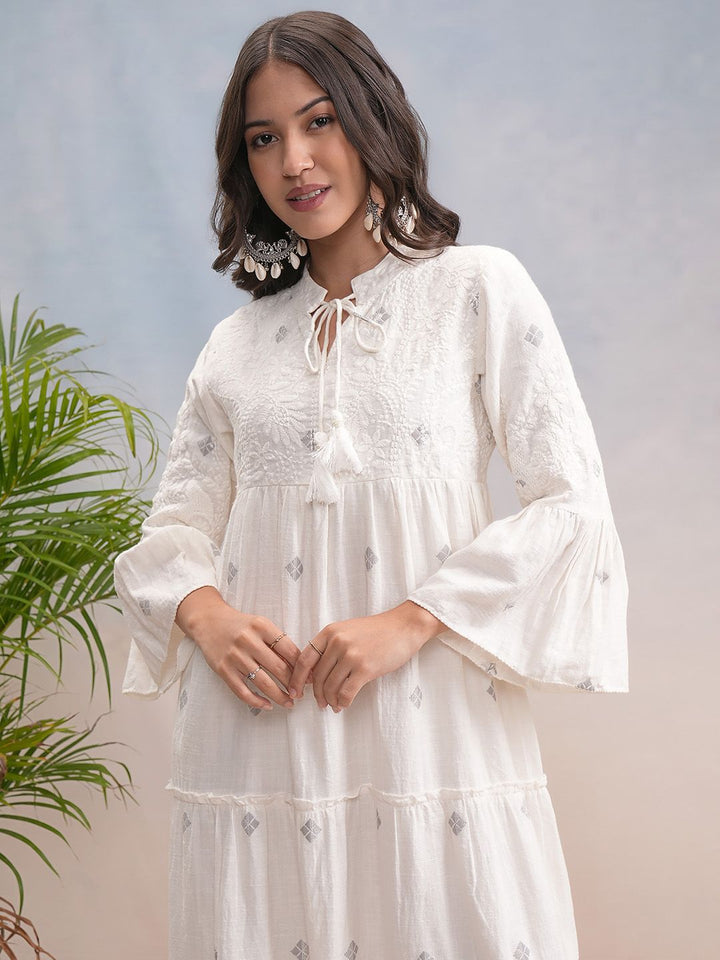Vishudh Women Cotton Tie-up Neck Bell Sleeve Fit & Flare Midi Dress