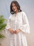Vishudh Women Cotton Tie-up Neck Bell Sleeve Fit & Flare Midi Dress
