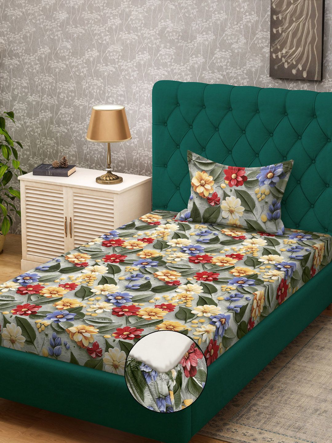 KLOTTHE Bercetak Bunga Hijau & Merah Dilengkapi Cadar 7D Single 300 TC Dengan Sarung Bantal