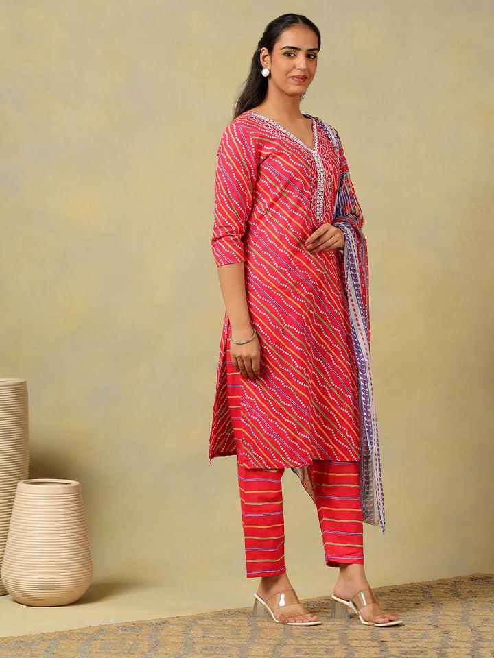 Cermin Bercetak Mamicha Leheriya Berfungsi Kurta Kapas Tulen dengan Seluar & Dengan Dupatta