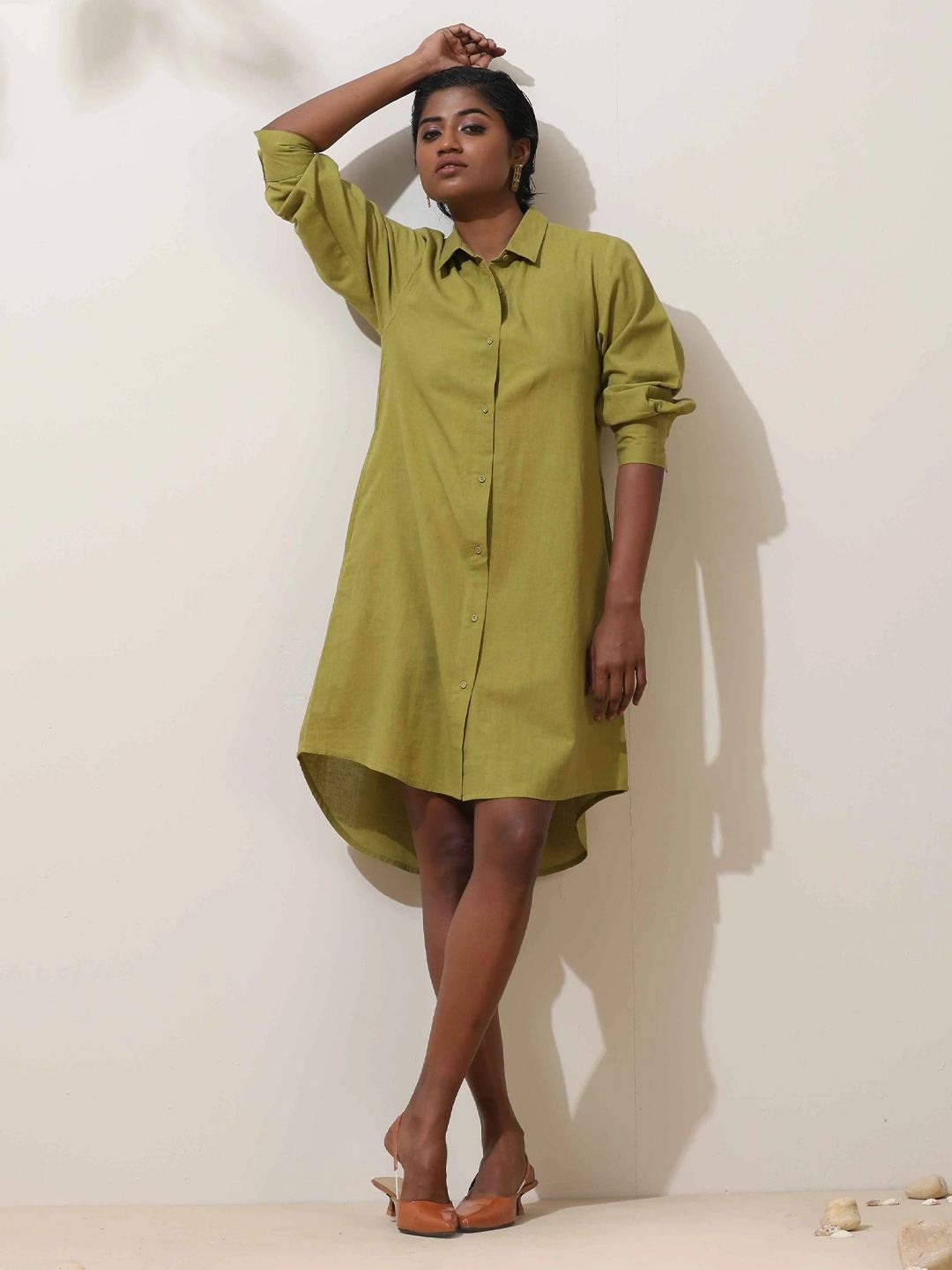 trueBrowns Women Pear Green Shirt Collar Cotton Shirt Dress