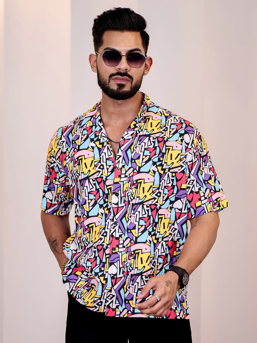 Eszett Men Abstract Printed Cuban Collar Casual Shirt