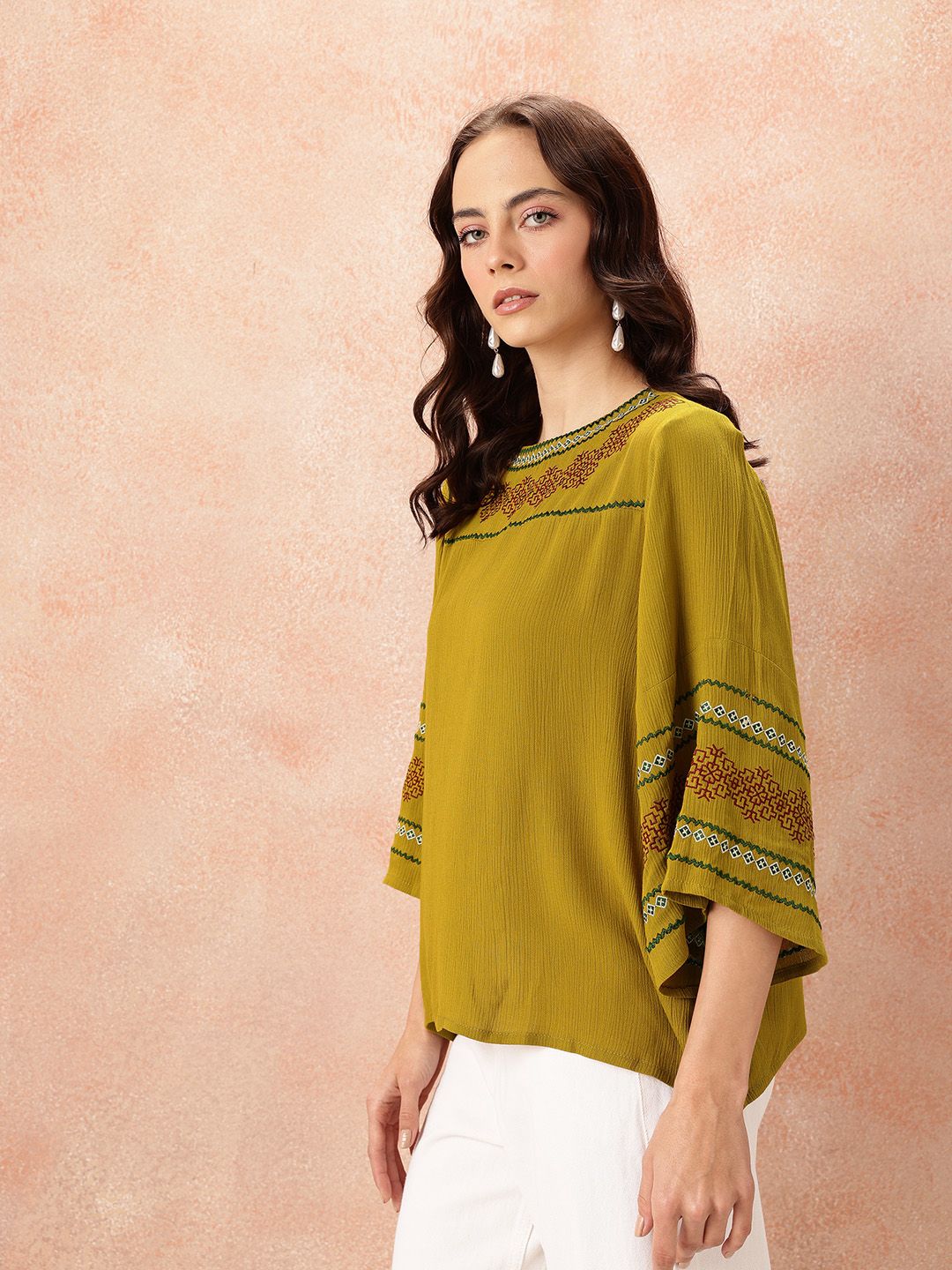 all about you Embroidered Flared Sleeve Crinkle Top