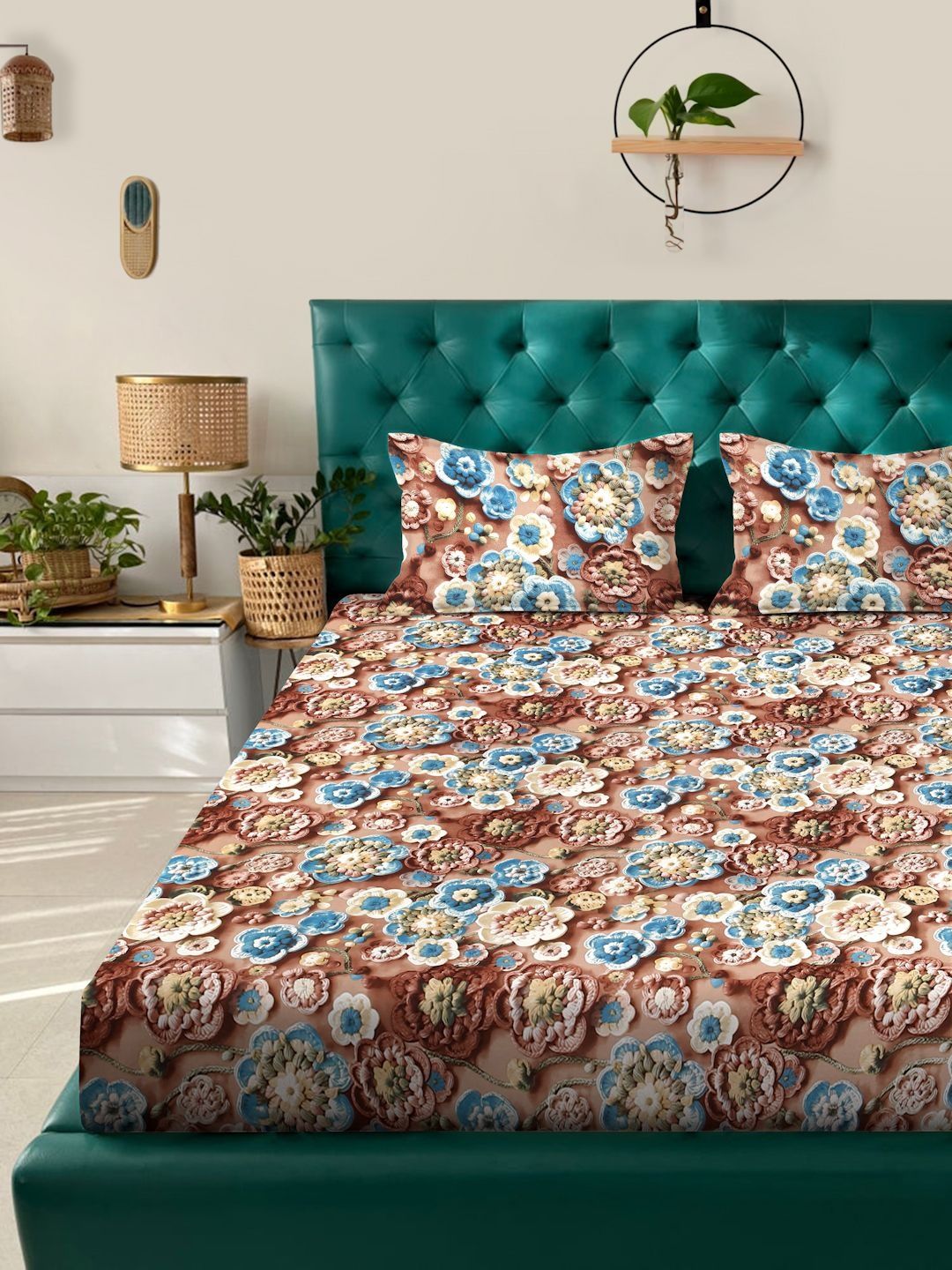 KLOTTHE Coklat Floral Printed Dilengkapi 300 TC King 7D Cadar Dengan 2 Sarung Bantal