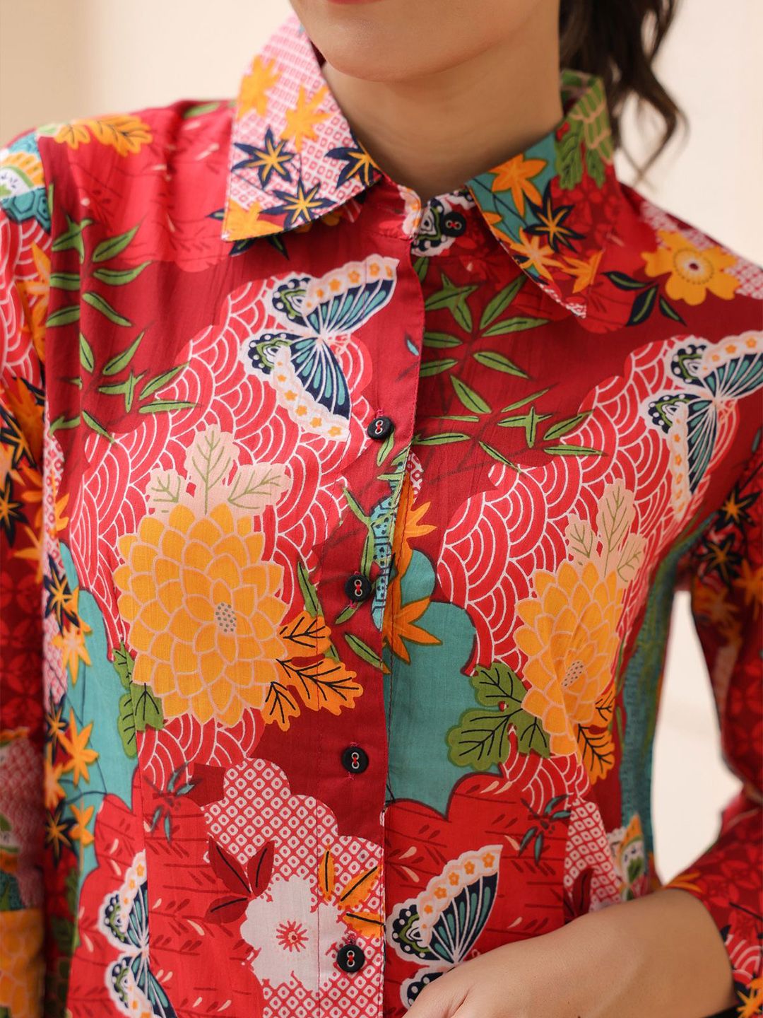 Rain & Rainbow Women Floral Printed Shirt Collar Cotton Top