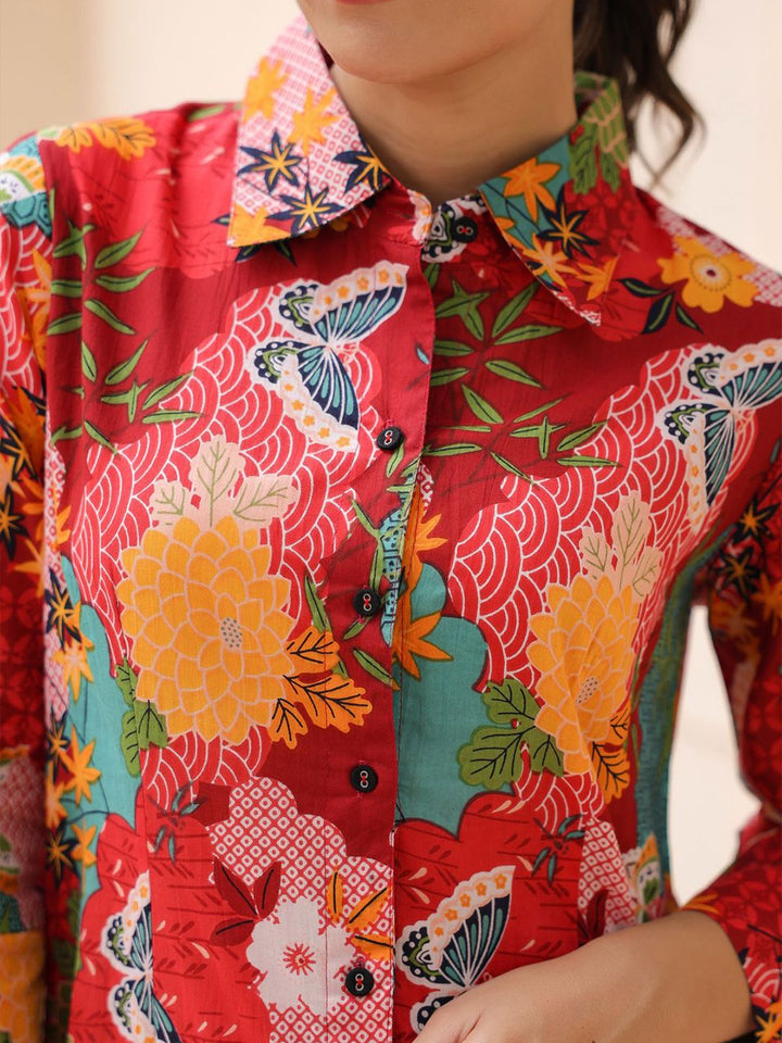 Rain & Rainbow Women Floral Printed Shirt Collar Cotton Top