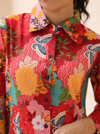 Rain & Rainbow Women Floral Printed Shirt Collar Cotton Top