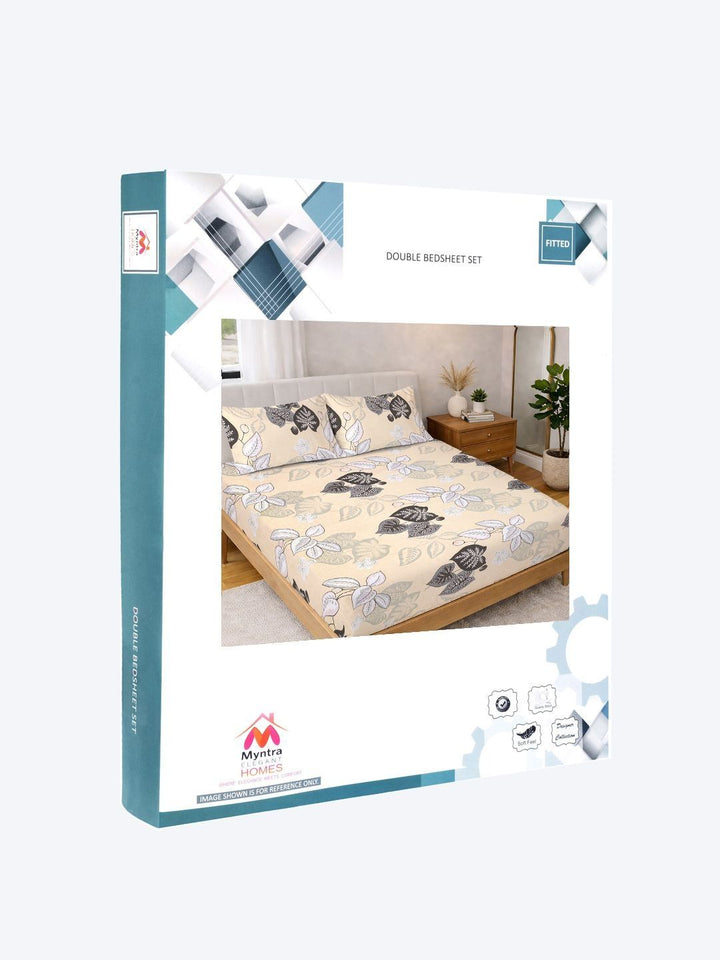 Myntra Elegant Homes Beige & Black Floral 300 TC Bedsheet with 2 Pillow Covers