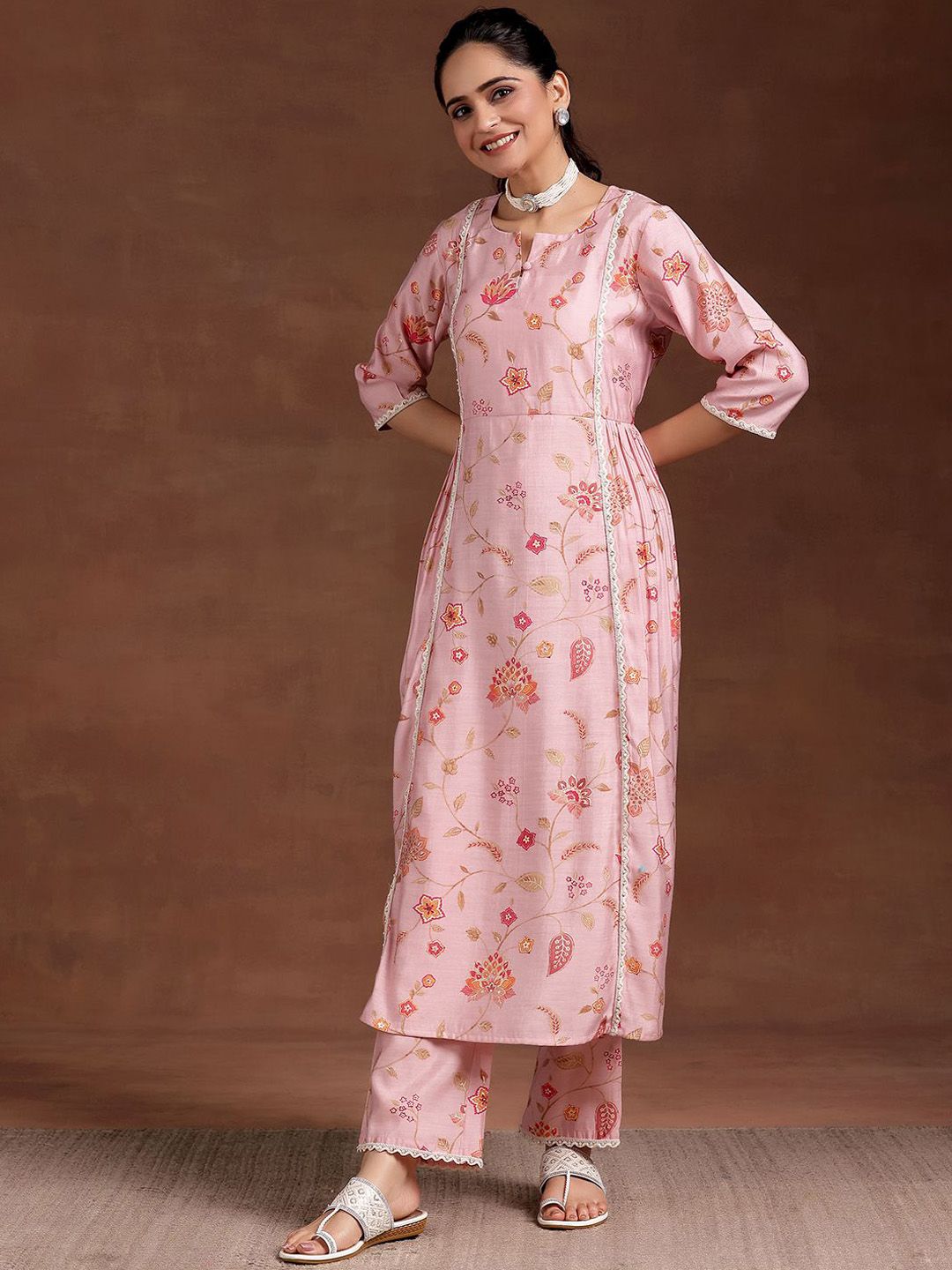 Libas Women Floral Printed Pleated Beads and Stones Kurta with Trousers