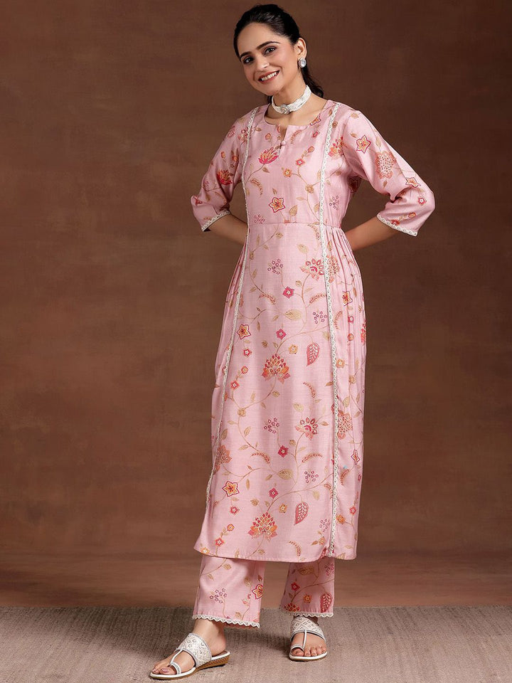 Libas Women Floral Printed Pleated Beads and Stones Kurta with Trousers