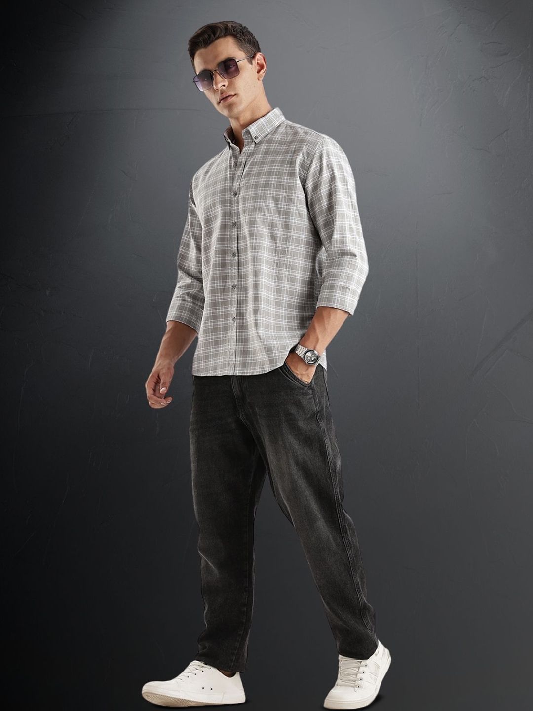 ADRO Tartan Checked Spread Collar Long Sleeves Cotton Casual Shirt
