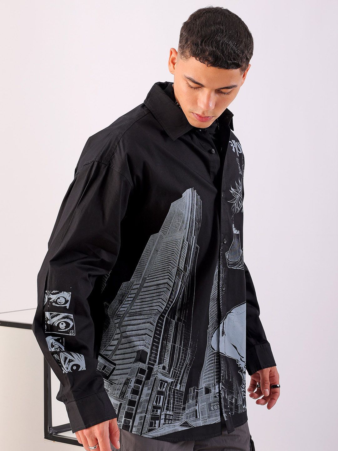 The Indian Garage Co Men Anime Printed Cotton Oversized Boxy Streetwear Shirt