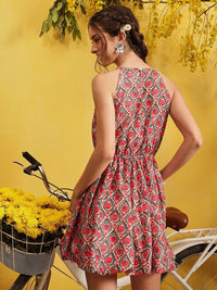 QUIERO Women Geometric Printed Round Neck Georgette A-Line Mini Dress
