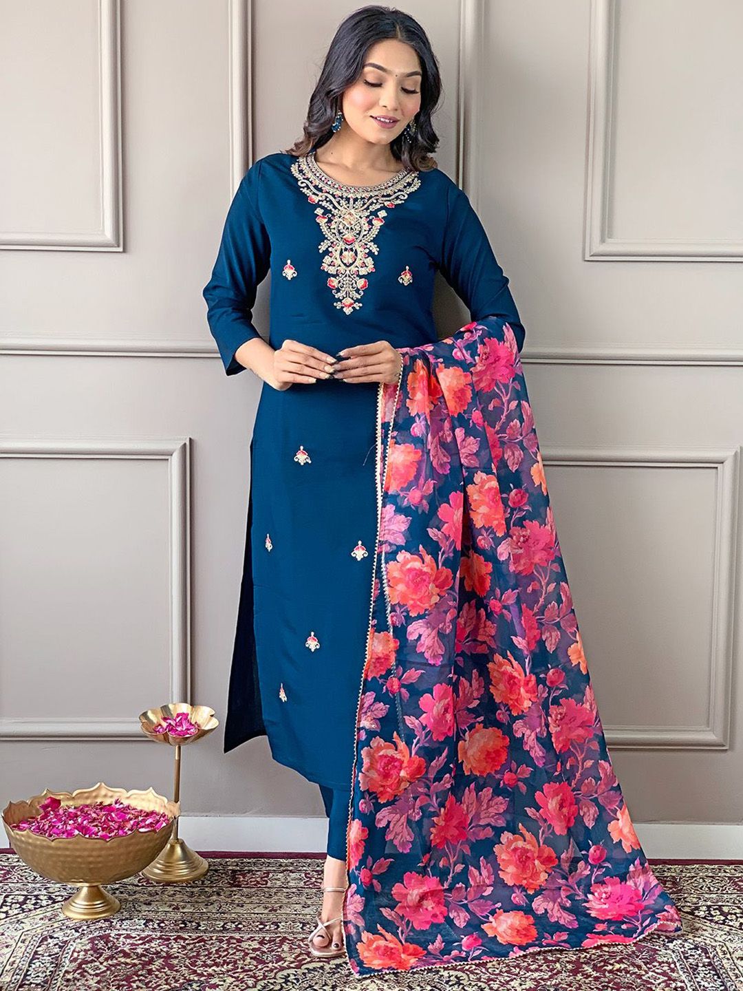 KALINI Women Floral Embroidered Regular Kurta with Trousers & With Dupatta
