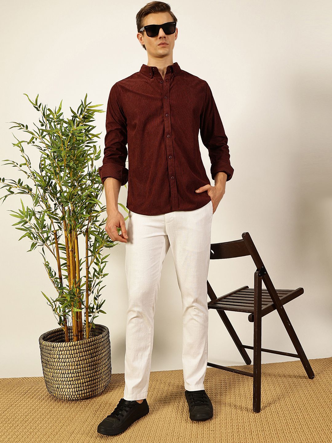 Thomas Scott Men Premium Textured Corduroy Slim Fit Button-Down Collar Casual Shirt