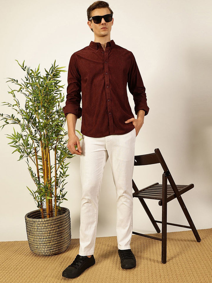 Thomas Scott Men Premium Textured Corduroy Slim Fit Button-Down Collar Casual Shirt