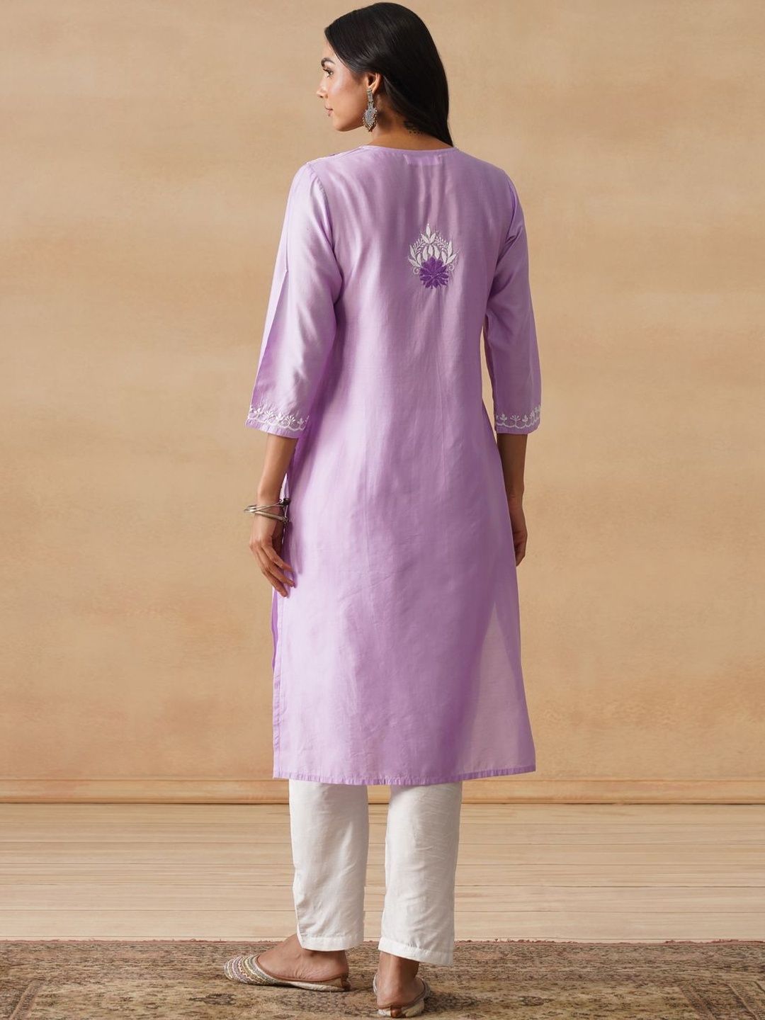 House of Chikankari Women Solid Lavender Cotton Kurta