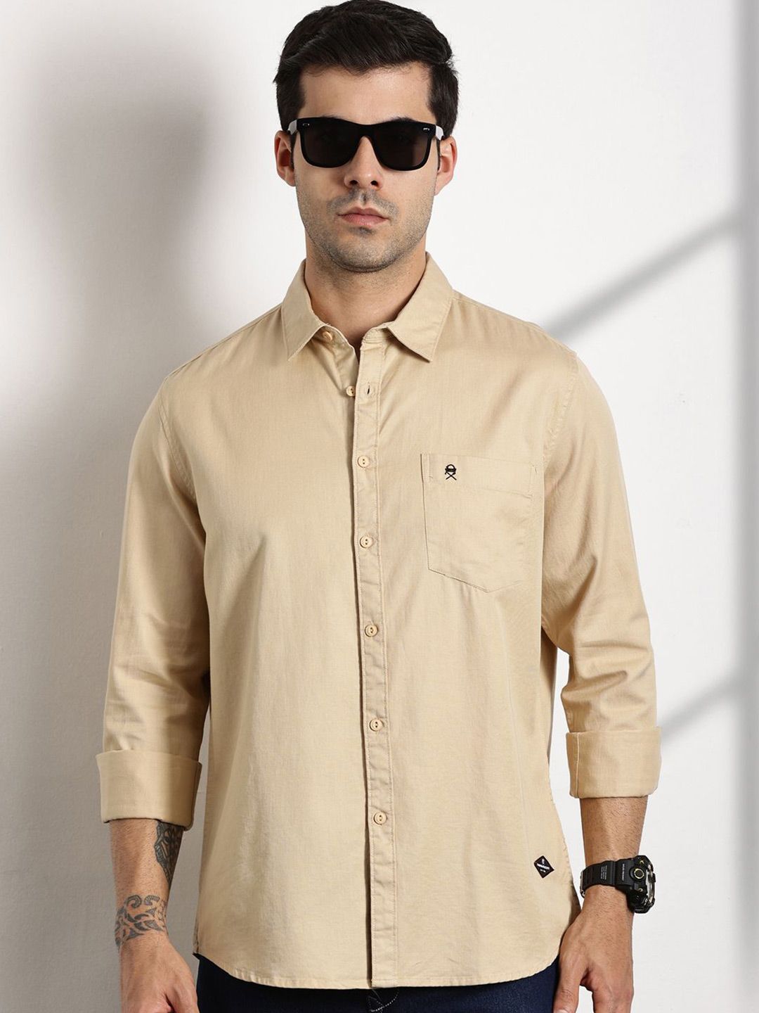 Thomas Scott Men Standard Slim Fit Spread Collar Solid Cotton Casual Shirt