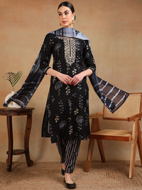 KALINI Floral Printed Regular Zari Straight Kurta with Trousers & Dupatta