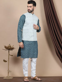 Anouk Floral Printed Regular Pure Cotton Straight Kurta With Churidar & Nehru Jacket