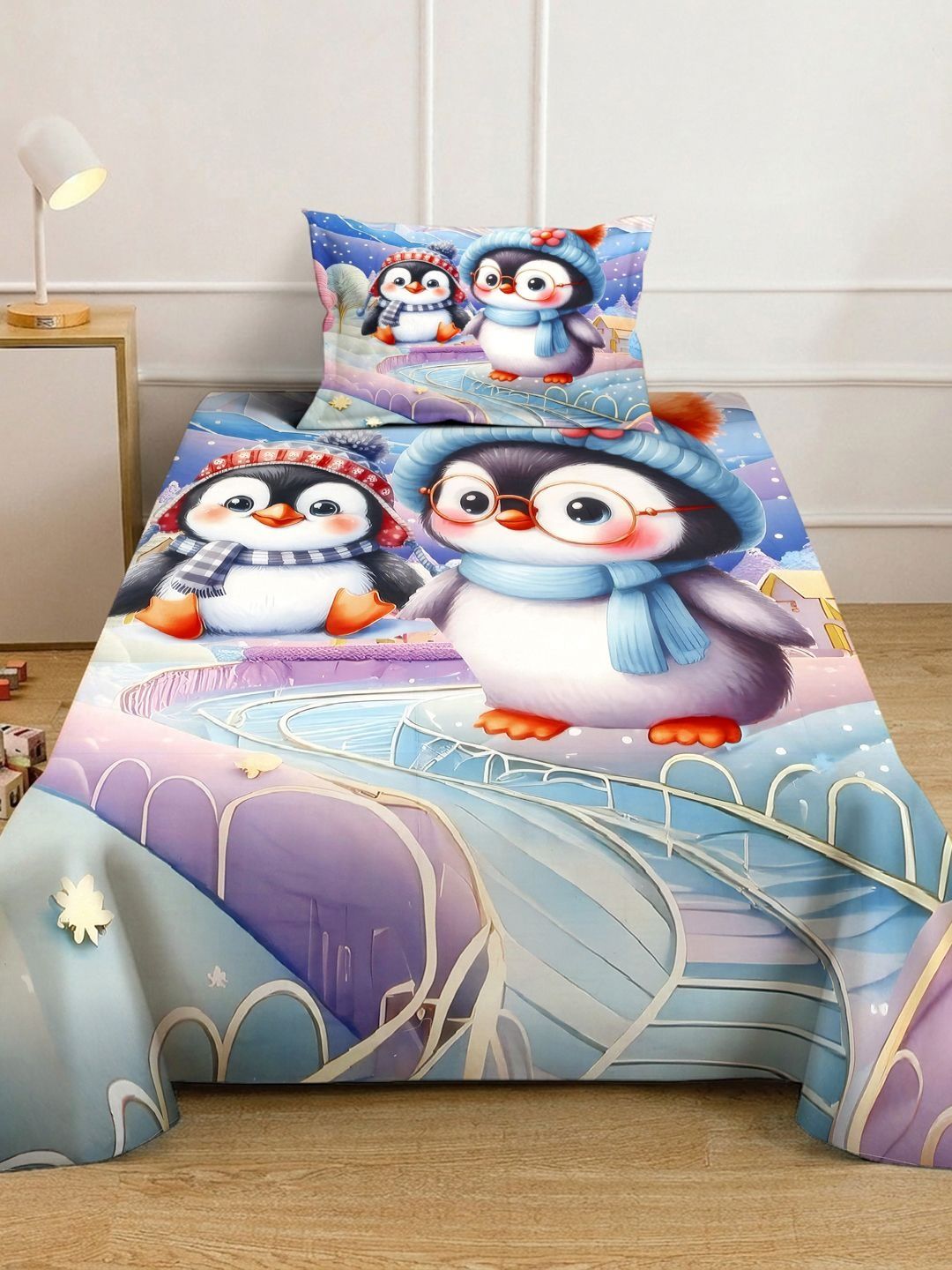 KLOTTHE Blue Cartoon Characters Polycotton Regular 300 TC Single Fine Bedsheets