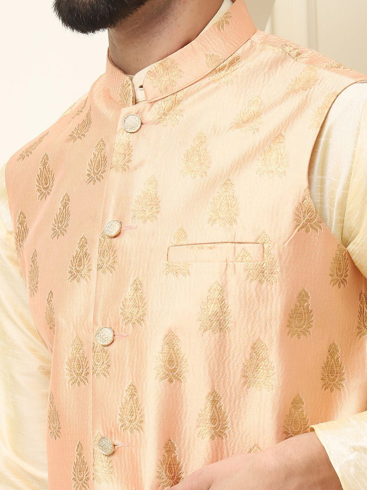 SOJANYA Mandarin Collar Silk Cotton Kurta With Churidar & Woven Design Nehru Jacket