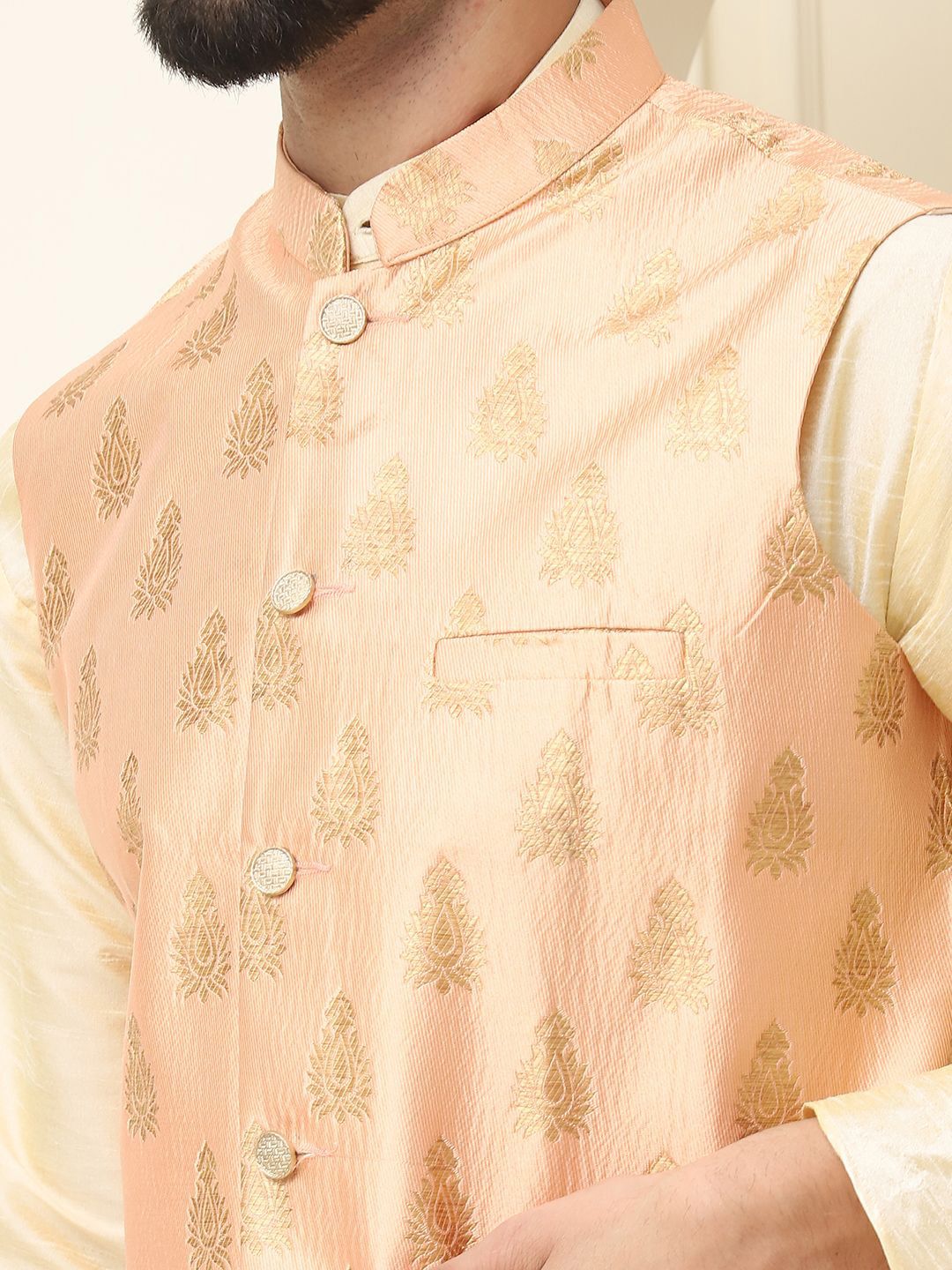 SOJANYA Mandarin Collar Silk Cotton Kurta With Churidar & Woven Design Nehru Jacket
