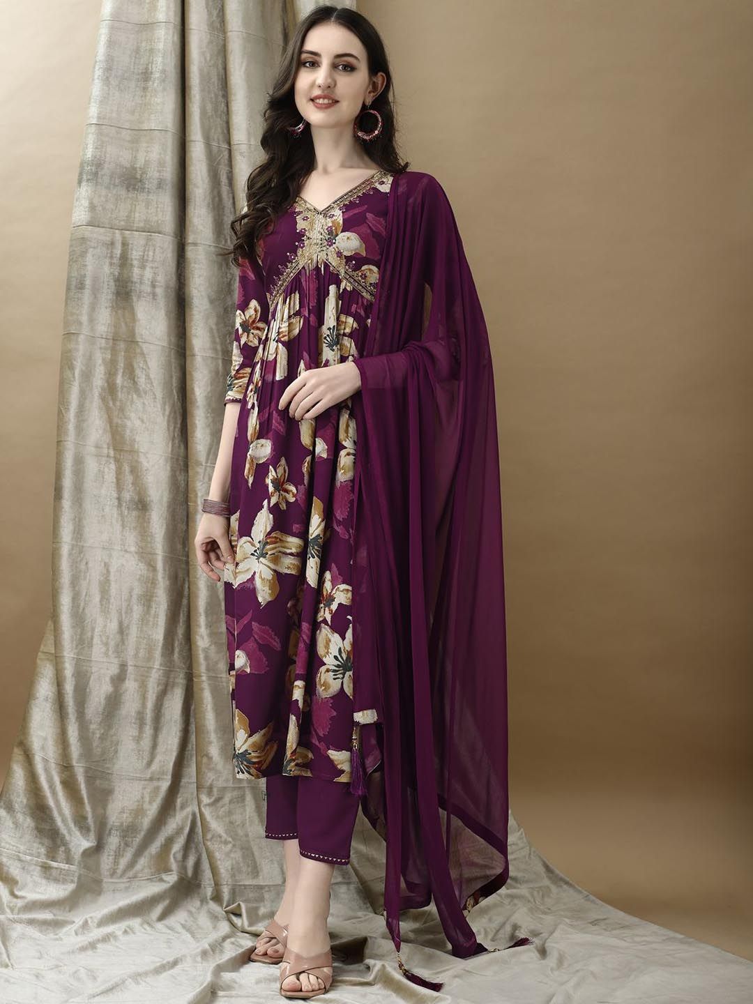 KALINI Women Floral Embroidered Pleated Sequinned Kurta with Trousers & With Dupatta