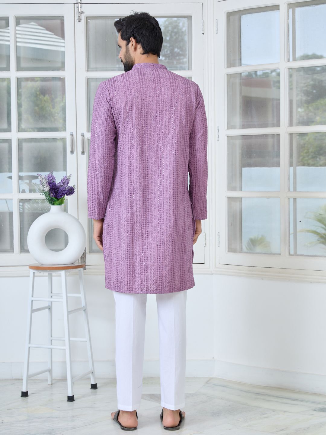 See Designs Floral Embroidered Mandarin Collar Thread Work Straight Kurta