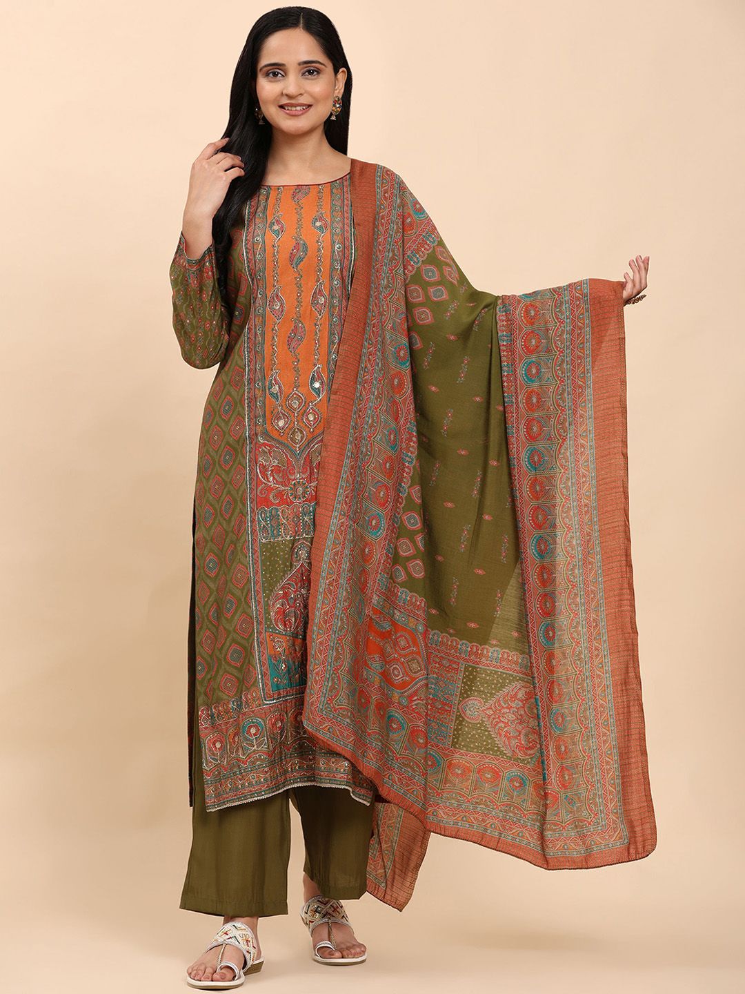 Mamicha Women Floral Embroidered Regular Pure Cotton Kurta with Trousers & With Dupatta