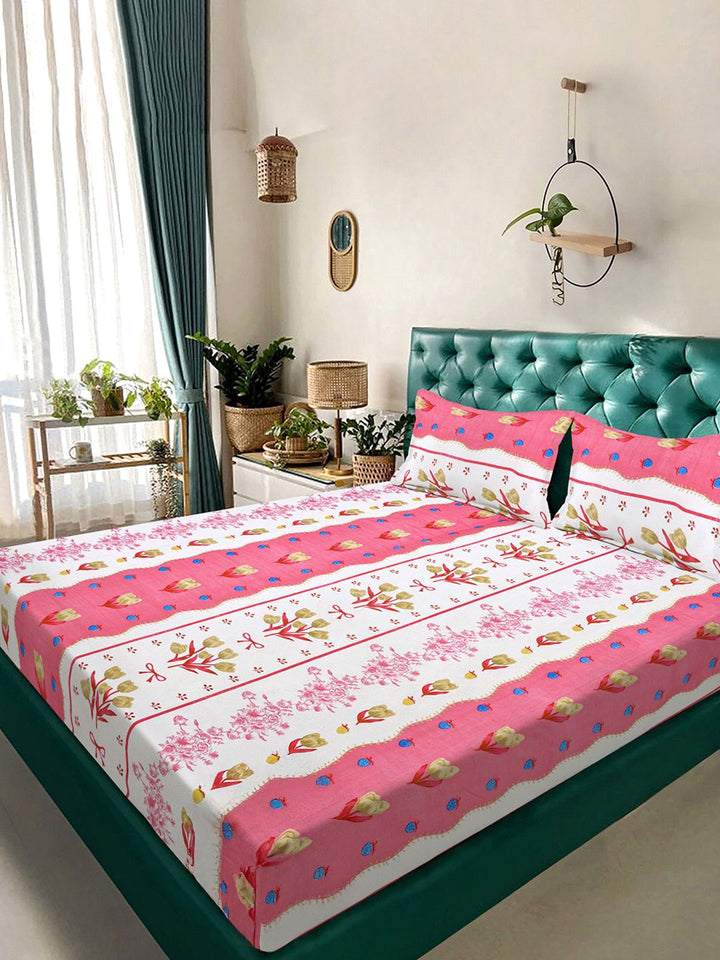 KLOTTHE Bunga Merah Jambu 300 TC Dilengkapi Cadar King Halus dengan 2 Sarung Bantal-98 x 89 inci
