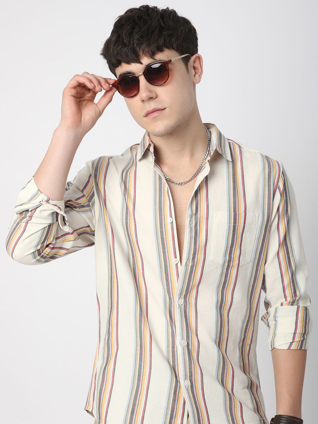 VASTRADO Men Classic Fit Spread Collar Vertical Striped Cotton Casual Shirt