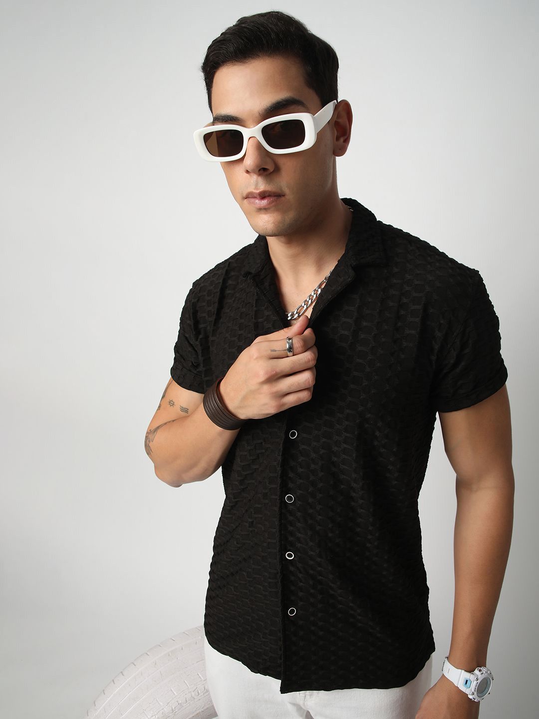 VASTRADO Men Classic Cuban Collar Textured Casual Shirt