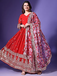 KALINI Floral Embroidered Georgette Maxi Ethnic Dress With Dupatta