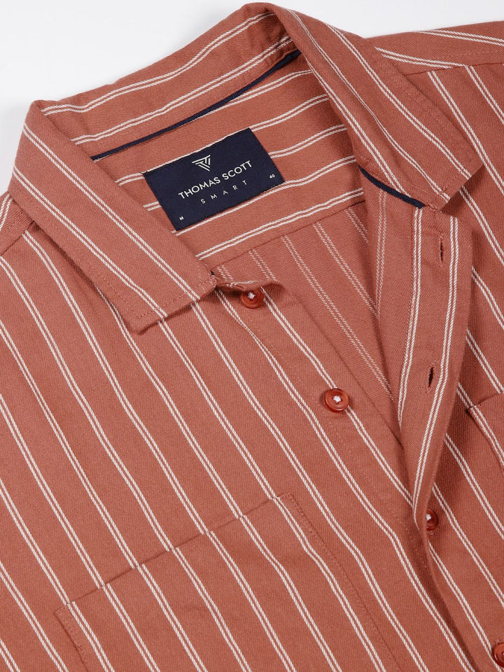 Thomas Scott Men Premium Spread Collar Vertical Striped Pure Cotton Slim Fit Casual Shirt