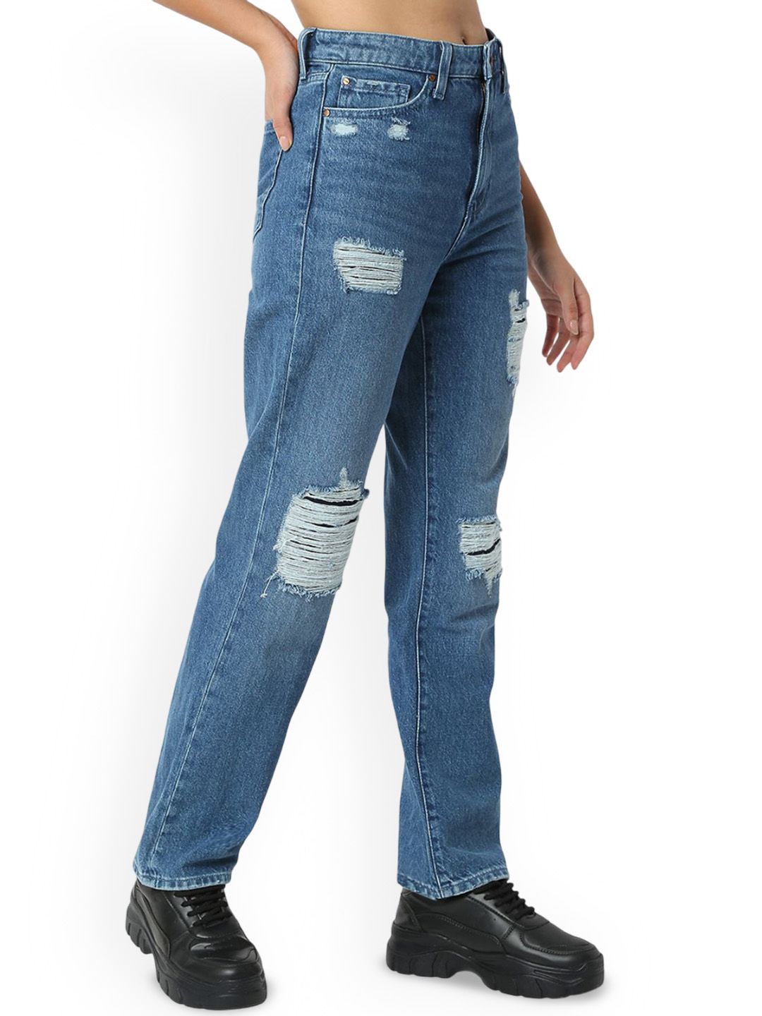 SPYKAR Women Straight Fit High-Rise Highly Distressed Heavy Fade Jeans