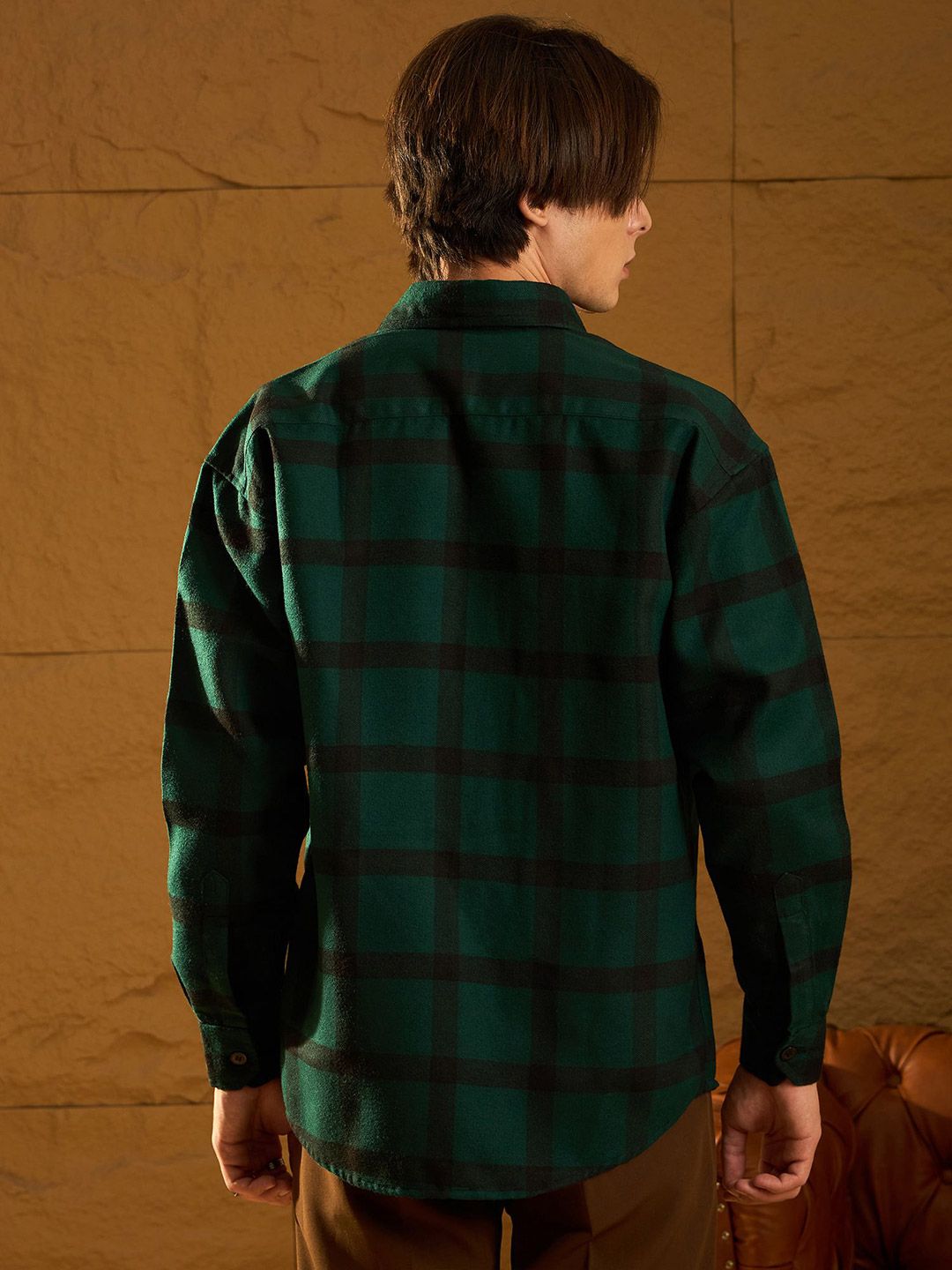 DENNISON Men Double Pocket Drop Shoulder Oversized Cotton Checked Shacket
