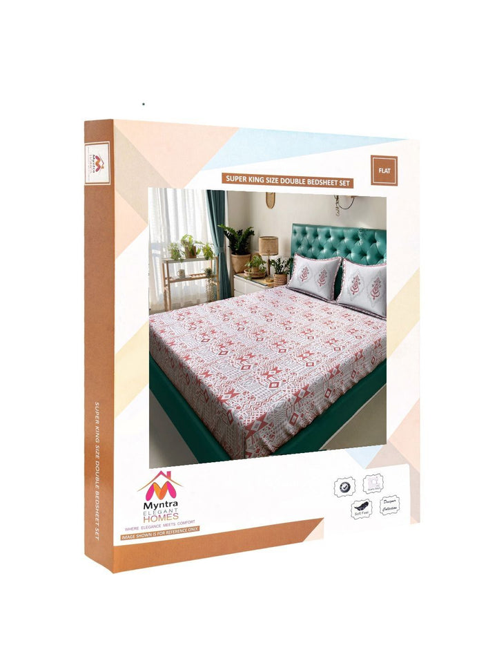 Myntra Elegant Homes White & Red Geometric 400 TC Cotton Set Cadar King 2.70 m x 2.70 m