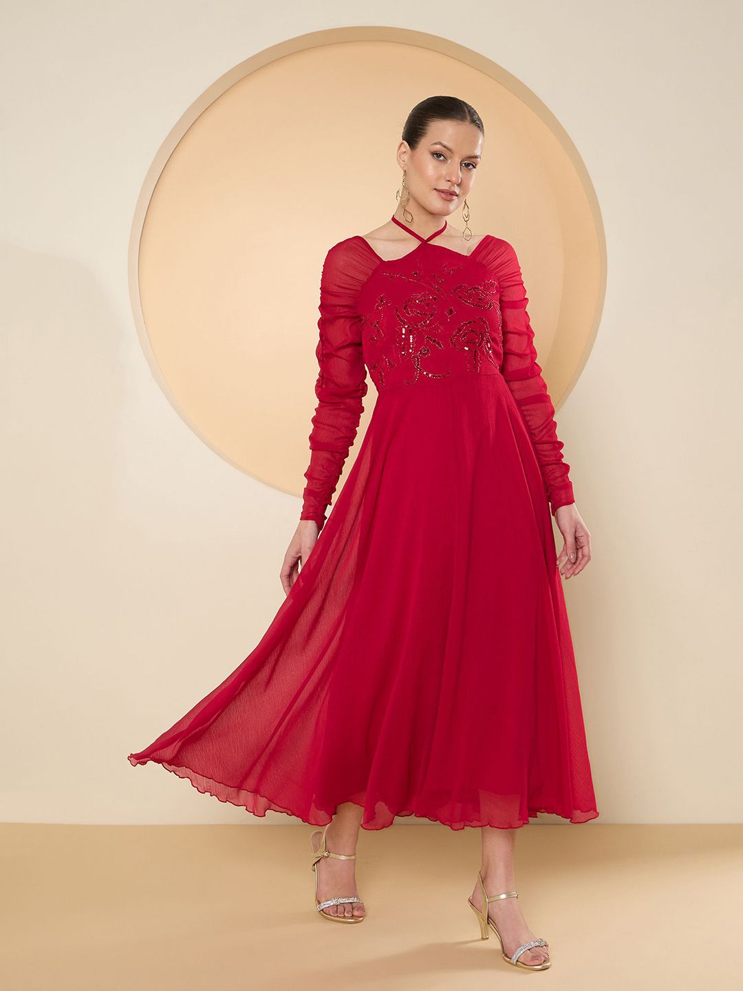 Antheaa Halter Neck Chiffon Embellished Maxi Dress
