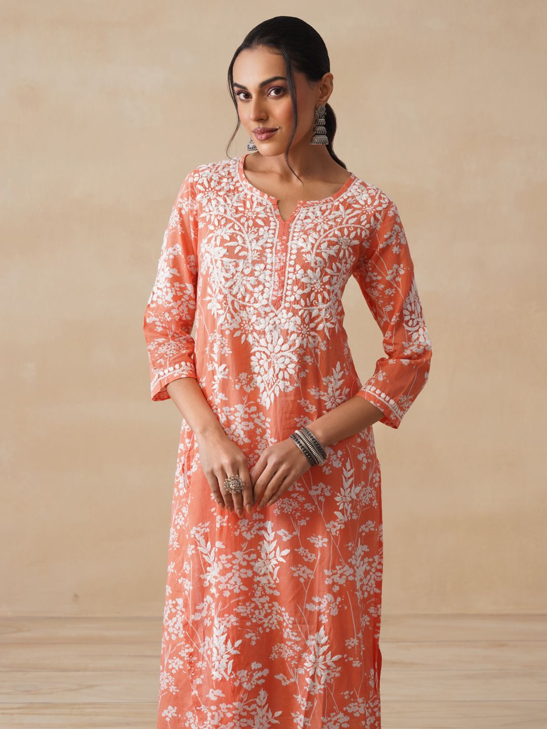 House of Chikankari Women Orange Mulmul Chikankari Embroidered Kurta