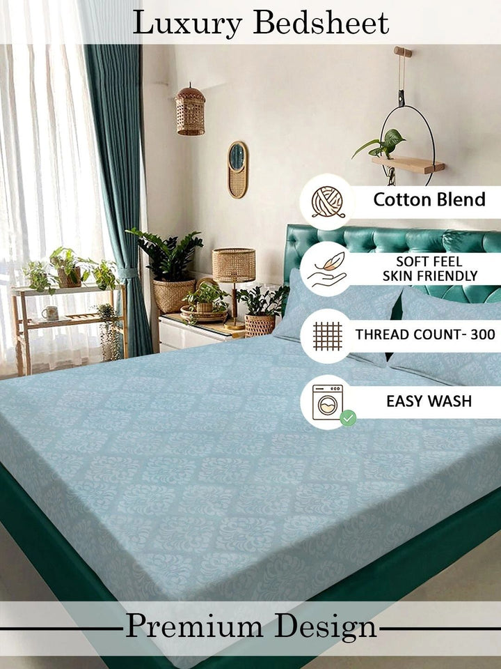 KLOTTHE Blue Floral Printed Flat 300 TC King Fine Bedsheet With 2 Pillow Cover