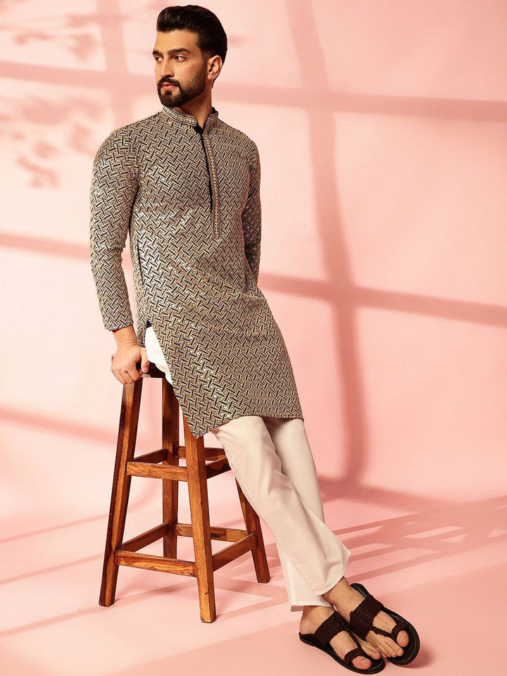 Anouk Geometric Embroidered Sequinned Cotton Straight Kurta