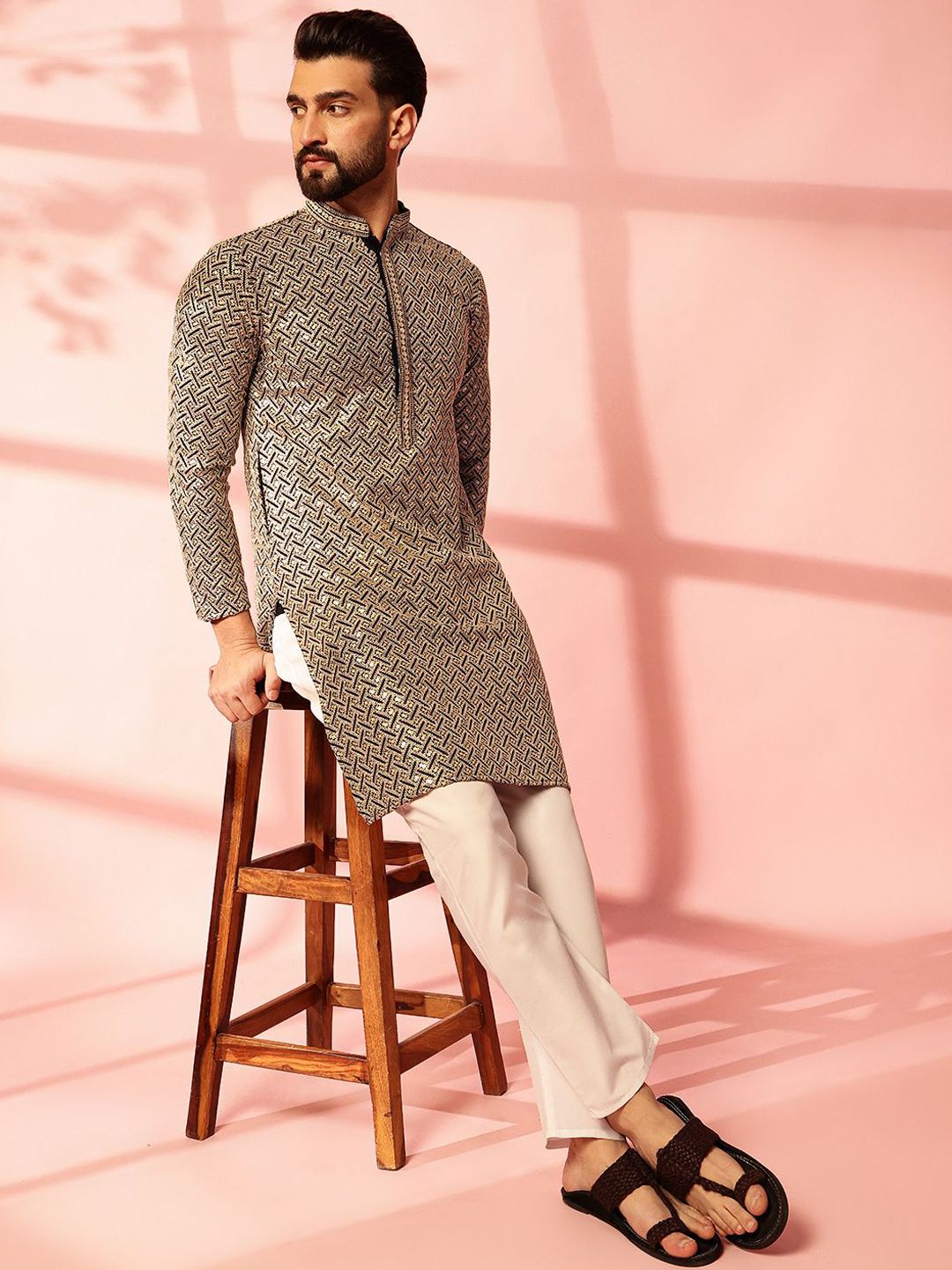 Anouk Geometric Embroidered Sequinned Cotton Straight Kurta