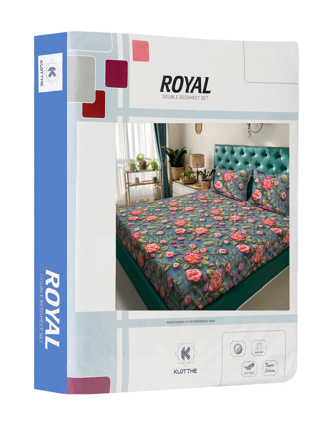 KLOTTHE Turquoise Blue Floral Printed Flat 300 TC King 7D Cadar Dengan 2 Sarung Bantal