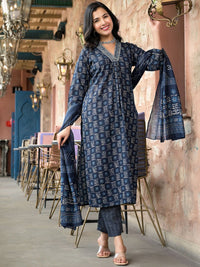 KALINI Floral Printed V-Neck Thread Work A-Line Kurta With Trousers & Dupatta