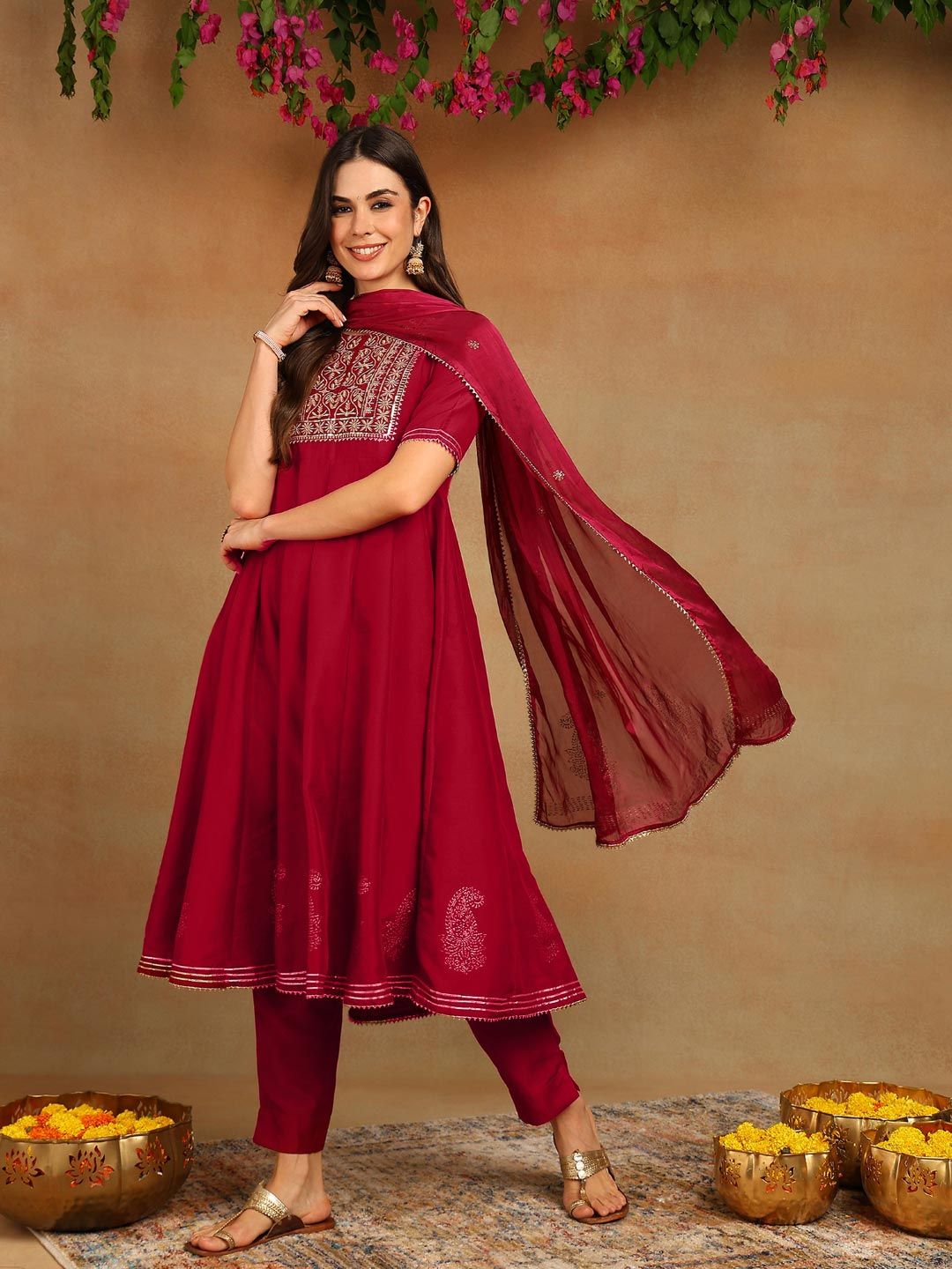 KALINI Ethnic Motifs Yoke Design Thread Work Anarkali Kurta With Trouser & Dupatta